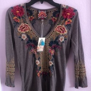 Johnny Was Floral Embroidered 3/4 Sleeve Top
